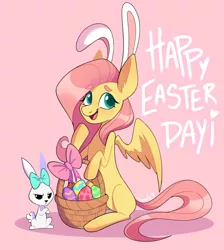Size: 640x713 | Tagged: safe, artist:dymitre, artist:reborn3580, derpibooru import, angel bunny, fluttershy, pegasus, pony, rabbit, animal, basket, bunny ears, easter, easter egg, female, holiday, image, male, mare, pink background, png, simple background, text
