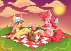 Size: 3469x2493 | Tagged: safe, artist:dymitre, artist:reborn3580, derpibooru import, fluttershy, pinkie pie, earth pony, pegasus, pony, basket, big ears, bow, cake, cloud, crossed hooves, cup, duo, female, folded wings, food, friendshipping, grass, hair bow, hat, heart eyes, hoof hold, image, licking, licking lips, looking at someone, looking at something, lying down, mane bow, mare, outdoors, pastry, picnic, picnic basket, picnic blanket, plate, png, prone, signature, sitting, smiling, sun, sun hat, sunset, tea, teacup, teapot, tongue out, wingding eyes, wings