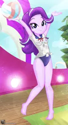 Size: 645x1188 | Tagged: safe, artist:charliexe, derpibooru import, starlight glimmer, equestria girls, clothes, feet, image, jpeg, looking at you, one-piece swimsuit, remake, sports, swimsuit, volleyball