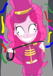 Size: 595x842 | Tagged: safe, artist:dashdeviant, derpibooru import, pinkie pie, equestria girls, confetti, crazy face, faic, female, hat, image, insanity, jpeg, messy hair, ringmaster, solo, top hat, whip