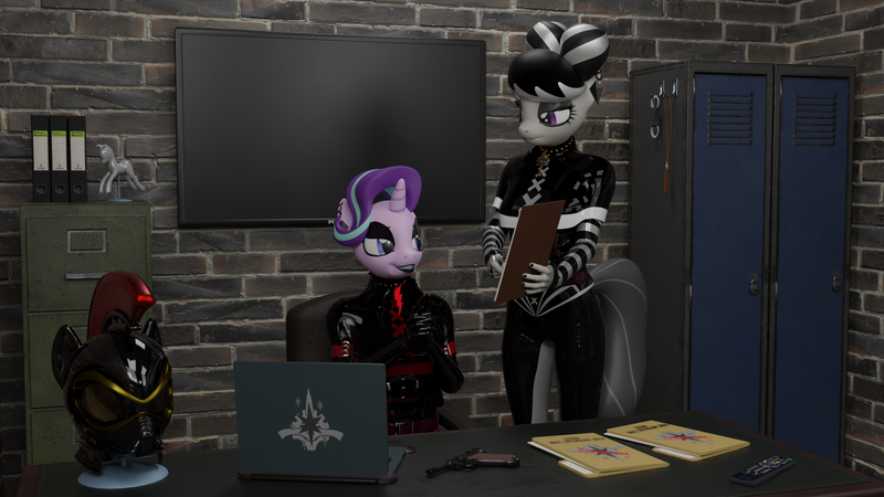 Size: 2560x1440 | Tagged: questionable, artist:citizenwolf, derpibooru import, octavia melody, starlight glimmer, anthro, 3d, belts, blender, blender cycles, brick wall, cape, chair, clipboard, clothes, collaboration, computer, cuffs, desk, ear piercing, earring, eyeshadow, files, filing cabinet, folder, folding chair, gun, hood, hook, image, jewelry, lanyard, laptop computer, latex, latex suit, leggings, lipstick, lock, lockers, makeup, mask, nexgen, pen, piercing, png, pointing, remote control, statuette, straps, television, weapon