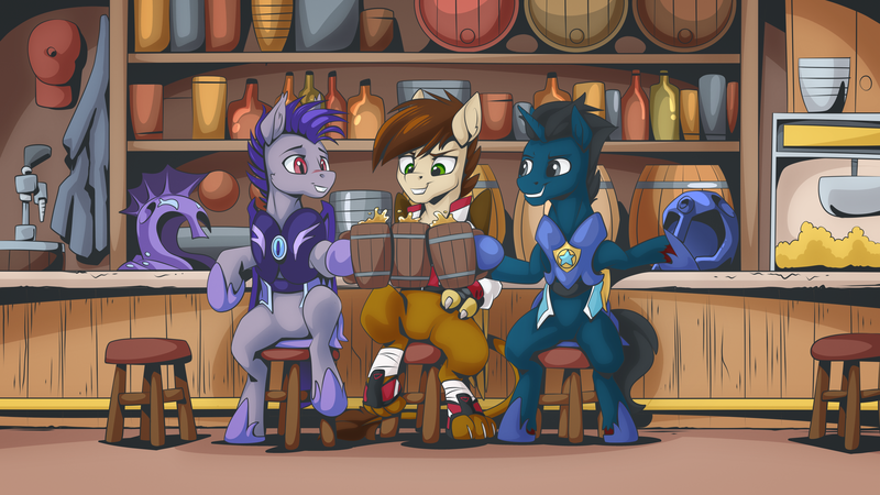 Size: 2560x1440 | Tagged: safe, artist:mysticalpha, derpibooru import, oc, oc:slashing prices, oc:swango, oc:thunder run, unofficial characters only, bat pony, hippogriff, pony, unicorn, alcohol, armor, badge, bar, bar stool, barrel, bat pony oc, bat wings, beer, beer mug, bottle, boxing glove, claws, clothes, colored hooves, commission, counter, food, grin, helmet, hippogriff oc, hoof shoes, horn, image, jacket, male, mercenary, night guard, night guard armor, paws, png, popcorn, royal guard, royal guard armor, scar, seat, sitting, smiling, stallion, stool, toasting, trio, trio male, unicorn oc, wings