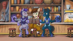 Size: 2560x1440 | Tagged: safe, artist:mysticalpha, derpibooru import, oc, oc:slashing prices, oc:swango, oc:thunder run, unofficial characters only, bat pony, hippogriff, pony, unicorn, alcohol, armor, badge, bar, bar stool, barrel, bat pony oc, bat wings, beer, beer mug, bottle, boxing glove, claws, clothes, colored hooves, commission, counter, food, grin, helmet, hippogriff oc, hoof shoes, horn, image, jacket, male, mercenary, night guard, night guard armor, paws, png, popcorn, royal guard, royal guard armor, scar, seat, sitting, smiling, stallion, stool, toasting, trio, trio male, unicorn oc, wings