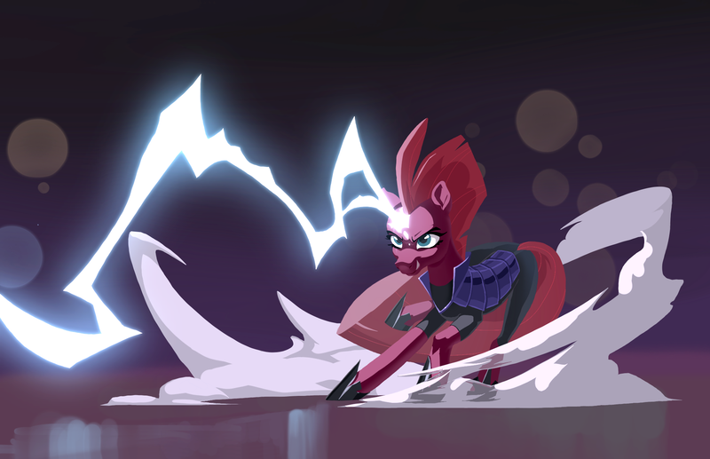 Size: 1935x1251 | Tagged: safe, artist:nadnerbd, derpibooru import, tempest shadow, pony, unicorn, my little pony: the movie, armor, broken horn, electricity magic, eye scar, female, horn, image, mare, png, scar, smiling, smirk, solo