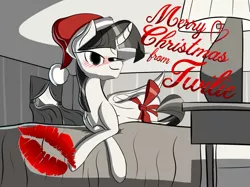 Size: 1023x764 | Tagged: suggestive, artist:ponymovie2017, derpibooru import, oc, unofficial characters only, pegasus, pony, bed, bedroom eyes, blushing, bow, broken window, christmas, christmas card, curtains, hat, holiday, image, kiss mark, lamp, laying on bed, lipstick, looking at you, lying down, night stand, on bed, png, santa hat, window