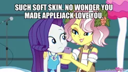 Size: 800x450 | Tagged: safe, derpibooru import, edit, edited screencap, screencap, pinkie pie, rarity, vignette valencia, equestria girls, equestria girls series, rollercoaster of friendship, caption, image, image macro, png, text