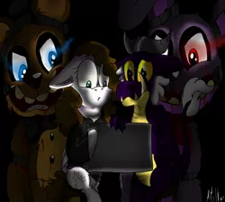 Size: 2048x1832 | Tagged: safe, artist:millefaller, derpibooru import, oc, unofficial characters only, dragon, pegasus, pony, animatronic, bonnie, bust, computer, crossover, dragon oc, eyelashes, female, five nights at freddy's, floppy ears, freddy fazbear, image, jpeg, laptop computer, mare, pegasus oc, signature, smiling, wings