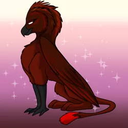 Size: 1000x1000 | Tagged: safe, artist:foxenawolf, derpibooru import, oc, oc:free agent, changeling, changeling queen, gryphon, fanfic:quantum gallop, bedroom eyes, disguise, disguised changeling, female, gradient background, image, png, red feathers, red fur, solo