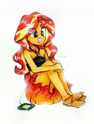 Size: 2298x3029 | Tagged: safe, artist:liaaqila, derpibooru import, sunset shimmer, human, equestria girls, equestria girls series, barefoot, clothes, cute, feet, fetish, foot fetish, foot tapping, hugging leg, image, jpeg, listening to music, music player, sarong, shimmerbetes, sitting, solo, swimsuit, tapping