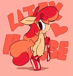 Size: 953x992 | Tagged: safe, artist:paperclip, derpibooru import, oc, oc:flan pone, ponified, unofficial characters only, earth pony, food pony, original species, pony, bipedal, blush sticker, blushing, butt, chest fluff, clothes, dressing, embarrassed, female, flan, food, heart, image, latex, latex socks, looking back, not apple bloom, plot, png, pudding, socks, solo