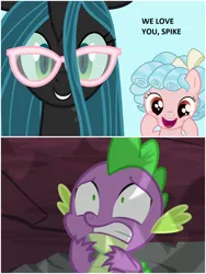 Size: 1500x1999 | Tagged: safe, derpibooru import, cozy glow, queen chrysalis, spike, chryspike, cozyspike, female, glasses, image, jpeg, male, scared, shipping, straight, this will not end well