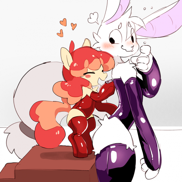 Size: 1024x1024 | Tagged: suggestive, artist:paperclip, derpibooru import, oc, oc:flan pone, oc:ping, ponified, unofficial characters only, anthro, earth pony, food pony, original species, pony, rabbit, animal, bipedal, bipedal leaning, blush sticker, blushing, clothes, eyes closed, female, flan, floating heart, food, furry, furry oc, heart, image, latex, latex socks, latex suit, leaning, leg fluff, male, mare, png, pudding, shoulder fluff, socks, zipper