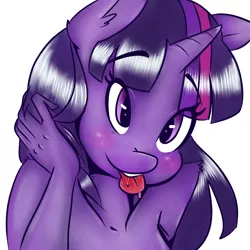 Size: 800x800 | Tagged: safe, artist:krispykakes, derpibooru import, twilight sparkle, anthro, unicorn, blushing, bust, drool, female, image, nudity, png, simple background, smiling, solo, tongue out, unicorn twilight, white background