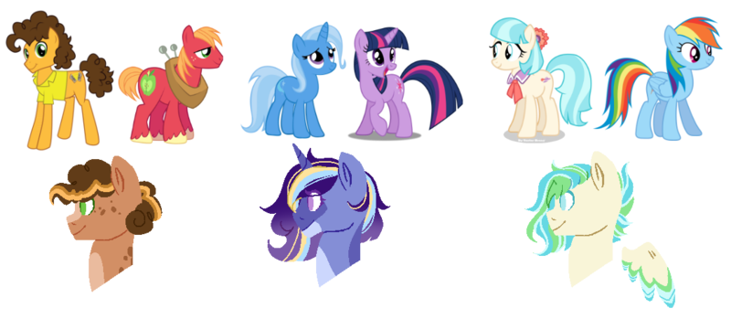 Size: 1112x485 | Tagged: safe, artist:inkprism, derpibooru import, big macintosh, cheese sandwich, trixie, twilight sparkle, oc, earth pony, pegasus, pony, unicorn, base used, bust, cocodash, earth pony oc, female, gay, horn, image, lesbian, mac n cheese, magical gay spawn, magical lesbian spawn, male, offspring, parent:big macintosh, parent:cheese sandwich, parent:coco pommel, parent:rainbow dash, parent:trixie, parent:twilight sparkle, parents:cocodash, parents:mac n cheese, parents:twixie, pegasus oc, png, shipping, simple background, transparent background, twixie, unicorn oc, unicorn twilight, wings