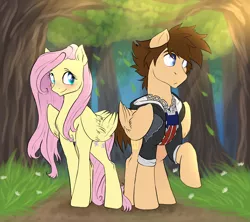 Size: 2700x2400 | Tagged: safe, artist:not-ordinary-pony, derpibooru import, fluttershy, pony, fanfic:kingdom hearts of harmony, blushing, commission, crossover, female, forest, image, kingdom hearts, kingdom hearts of harmony, male, mare, png, ponies standing next to each other, sora, stallion, tree