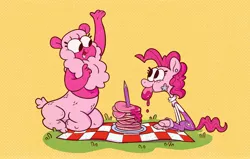 Size: 3481x2215 | Tagged: safe, artist:jimmyjamno1, derpibooru import, pinkie pie, alpaca, centaur, earth pony, pony, centaurworld, crossover, duo, female, food, image, jpeg, mare, pancakes, picnic, tongue out, wammawink