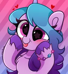 Size: 4000x4368 | Tagged: safe, artist:kittyrosie, derpibooru import, izzy moonbow, pony, unicorn, :p, blushing, bracelet, chest fluff, cute, female, g5, gradient background, heart, image, jewelry, mare, png, silly, silly face, silly pony, solo, striped background, tongue out