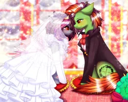 Size: 4000x3179 | Tagged: safe, artist:krissstudios, derpibooru import, oc, unofficial characters only, earth pony, pony, clothes, dress, female, image, male, mare, png, stallion, suit, wedding dress