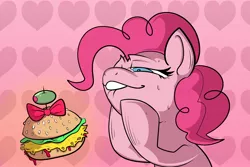 Size: 3000x2000 | Tagged: safe, artist:swagstapiece, derpibooru import, pinkie pie, earth pony, pony, bow, burger, female, food, hay burger, heart, heart background, image, imminent nom, jpeg, kitchen eyes, lip bite, mare, olive, sweat