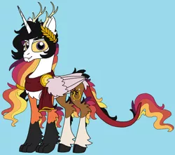 Size: 1024x906 | Tagged: safe, artist:rosefang16, derpibooru import, oc, oc:prince apollo, alicorn, hybrid, pony, alicorn oc, antlers, blue background, chest freckles, chin fluff, draconequus hybrid, freckles, horn, image, interspecies offspring, jpeg, laurel, male, offspring, parent:discord, parent:princess celestia, parents:dislestia, simple background, solo, stallion, wings