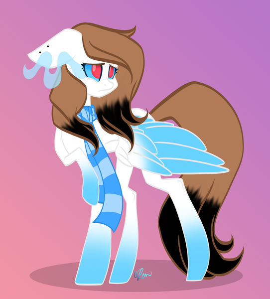 Size: 1746x1933 | Tagged: safe, artist:donnie-moon, derpibooru import, oc, unofficial characters only, pegasus, pony, clothes, coat markings, female, gradient background, image, looking back, mare, pegasus oc, png, scarf, socks (coat marking), solo, sombra eyes, wings