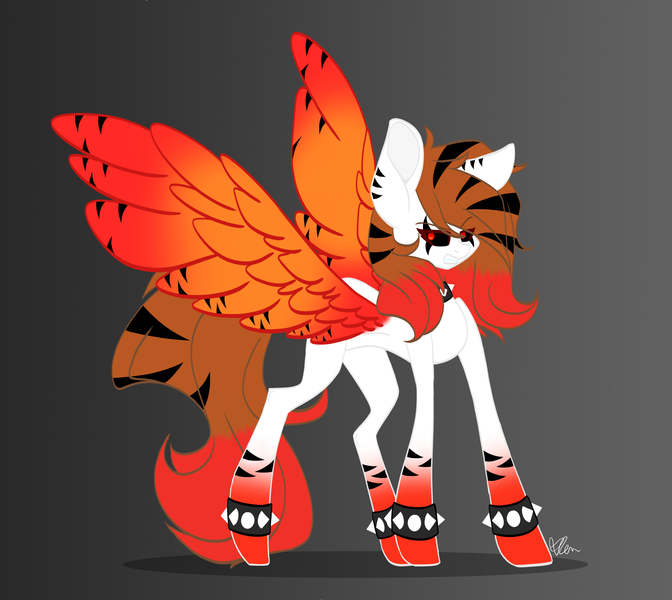 Size: 2670x2383 | Tagged: safe, artist:donnie-moon, derpibooru import, oc, oc:hellfire, unofficial characters only, pegasus, pony, black sclera, bracelet, ear piercing, earring, female, gradient background, image, jewelry, mare, pegasus oc, piercing, png, solo, spiked wristband, wings, wristband