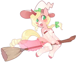 Size: 900x765 | Tagged: safe, artist:lavvythejackalope, derpibooru import, oc, unofficial characters only, anthro, unguligrade anthro, unicorn, blush sticker, blushing, braid, broom, clothes, dress, flying, flying broomstick, hat, horn, image, png, simple background, solo, transparent background, unicorn oc, witch hat