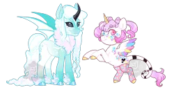 Size: 1500x800 | Tagged: safe, artist:lavvythejackalope, derpibooru import, oc, unofficial characters only, alicorn, bat pony, bat pony alicorn, pony, alicorn oc, bat wings, chest fluff, clothes, duo, female, heterochromia, hoof fluff, horn, image, mare, png, rearing, simple background, smiling, socks, transparent background, wings