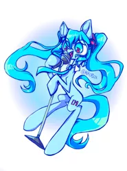 Size: 2000x2700 | Tagged: safe, artist:nkobox, derpibooru import, kotobukiya, ponified, earth pony, pony, gradient background, hatsune miku, image, jpeg, kotobukiya hatsune miku pony, microphone, necktie, singing, solo, vocaloid, wingding eyes