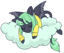 Size: 1200x1000 | Tagged: safe, artist:lavvythejackalope, derpibooru import, oc, unofficial characters only, alicorn, alicorn oc, clothes, cloud, commission, eyes closed, horn, image, leonine tail, on a cloud, png, simple background, sleeping, smiling, solo, transparent background, two toned wings, wings, ych result