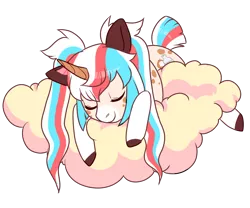 Size: 1200x1000 | Tagged: safe, artist:lavvythejackalope, derpibooru import, oc, unofficial characters only, unicorn, cloud, colored hooves, commission, eyes closed, horn, image, on a cloud, png, simple background, sleeping, smiling, solo, transparent background, unicorn oc, ych result