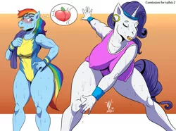 Size: 1280x951 | Tagged: suggestive, artist:beowulf100, derpibooru import, rainbow dash, rarity, anthro, pegasus, unicorn, big breasts, breasts, busty rainbow dash, busty rarity, clothes, commission, digital art, duo, duo female, erect nipples, eyes closed, eyes on the prize, female, hand on hip, hanging breasts, headband, horn, image, jpeg, nipple outline, one-piece swimsuit, open mouth, speech bubble, sweat, swimsuit, tail, thighs, towel, wide hips, wingless, wingless anthro, workout