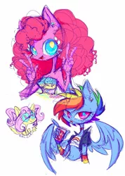 Size: 1159x1628 | Tagged: safe, artist:nkobox, derpibooru import, fluttershy, pinkie pie, rainbow dash, anthro, earth pony, pegasus, :>, alternate hairstyle, arm warmers, big hair, choker, clothes, colored sketch, cutie mark accessory, cutie mark earrings, cutie mark eyes, double peace sign, drink, ear piercing, earring, eye clipping through hair, female, image, jacket, jewelry, jpeg, midriff, peace sign, piercing, pigtails, short shirt, simple background, sketch, tube top, white background, wingding eyes