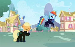 Size: 1280x801 | Tagged: safe, artist:benpictures1, derpibooru import, applejack, rainbow dash, earth pony, pegasus, pony, comic:the storm kingdom, my little pony: the movie, argument, bodysuit, clothes, command 6, crystal of light, duo, female, image, mare, png, ponyville