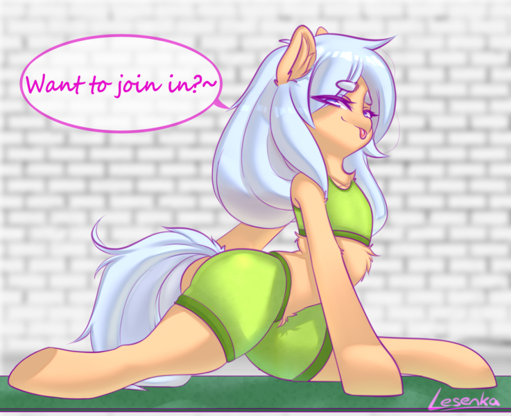 Size: 3300x2688 | Tagged: safe, artist:lesenka, derpibooru import, oc, oc:lesenka, unofficial characters only, bat pony, pony, alternate hairstyle, art, ass, butt, clothes, cute, female, fitness, image, nudity, penetration, png, rule 34, sexy, shorts, simple background, sitting, smiling, solo, solo female, tongue out