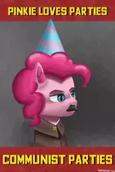 Size: 1000x1500 | Tagged: safe, artist:trotski432, derpibooru import, pinkie pie, pony, abstract background, bust, clothes, communism, facial hair, female, hammer and sickle, hat, image, mare, meme, moustache, party hat, png, politics, portrait, uniform