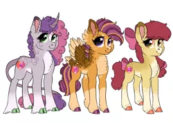 Size: 2886x2048 | Tagged: safe, artist:moccabliss, derpibooru import, apple bloom, scootaloo, sweetie belle, classical unicorn, pony, unicorn, alternate design, cloven hooves, colored hooves, cutie mark crusaders, image, leonine tail, png, simple background, tail feathers, twitterina design, unshorn fetlocks, white background