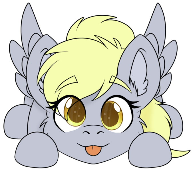 Size: 1208x1072 | Tagged: safe, artist:rokosmith26, derpibooru import, derpy hooves, pegasus, pony, :p, cheek fluff, chibi, cute, ear fluff, eye clipping through hair, eyebrows, eyebrows visible through hair, female, image, looking at you, lying down, mare, png, simple background, solo, spread wings, tongue out, transparent background, wings