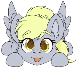 Size: 1208x1072 | Tagged: safe, artist:rokosmith26, derpibooru import, derpy hooves, pegasus, pony, :p, cheek fluff, chibi, cute, ear fluff, eye clipping through hair, eyebrows, eyebrows visible through hair, female, image, looking at you, lying down, mare, png, simple background, solo, spread wings, tongue out, transparent background, wings