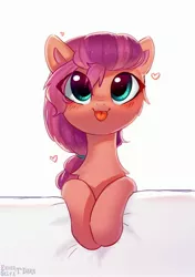 Size: 1856x2630 | Tagged: safe, artist:enderselyatdark, derpibooru import, sunny starscout, earth pony, pony, :p, blushing, chest fluff, cute, eye clipping through hair, female, g5, heart, image, jpeg, simple background, smiling, solo, sunnybetes, tongue out, white background