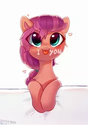 Size: 1856x2630 | Tagged: safe, alternate version, artist:enderselyatdark, derpibooru import, sunny starscout, earth pony, pony, :p, blushing, chest fluff, cute, daaaaaaaaaaaw, eye clipping through hair, female, g5, heart, image, jpeg, smiling, solo, sunnybetes, tongue out