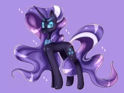 Size: 4000x3000 | Tagged: safe, artist:averyskies36, derpibooru import, nightmare rarity, pony, unicorn, blue eyes, colored pupils, crown, eyelashes, female, flowing mane, flowing tail, gem, horn, image, jewelry, lidded eyes, looking at you, necklace, png, purple background, purple mane, purple tail, regalia, simple background, smiling, solo, sparkles, tail