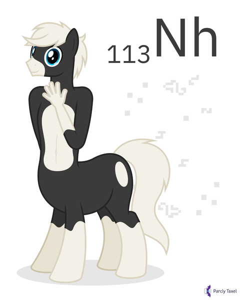 Size: 4000x5000 | Tagged: safe, artist:parclytaxel, derpibooru import, oc, oc:nonce equitaur, unofficial characters only, anthro, centaur, taur, series:joycall6's periodic table, .svg available, absurd resolution, anthro centaur, belly button, chemistry, coat markings, commission, conway's game of life, image, looking at you, nihonium, periodic table, png, simple background, smiling, socks (coat marking), solo, vector, white background