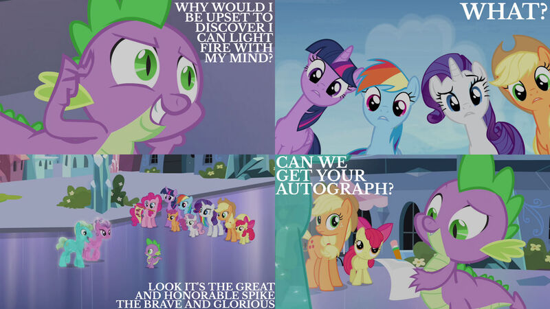 Size: 1280x720 | Tagged: safe, derpibooru import, edit, edited screencap, editor:quoterific, screencap, apple bloom, applejack, fluttershy, pinkie pie, rainbow dash, rarity, scootaloo, spike, sweetie belle, twilight sparkle, twilight sparkle (alicorn), alicorn, crystal pony, dragon, earth pony, pegasus, pony, unicorn, equestria games (episode), season 4, apple bloom's bow, applejack's hat, bow, cowboy hat, cutie mark crusaders, female, filly, hair bow, hat, image, jpeg, male, mane seven, mane six, mare, open mouth, pencil, stallion