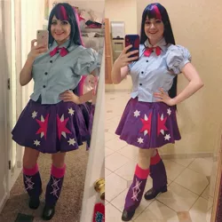 Size: 2289x2289 | Tagged: safe, derpibooru import, twilight sparkle, equestria girls, boots, clothes, cosplay, costume, everfree northwest 2019, image, jpeg, mobile phone, phone, shoes, smartphone