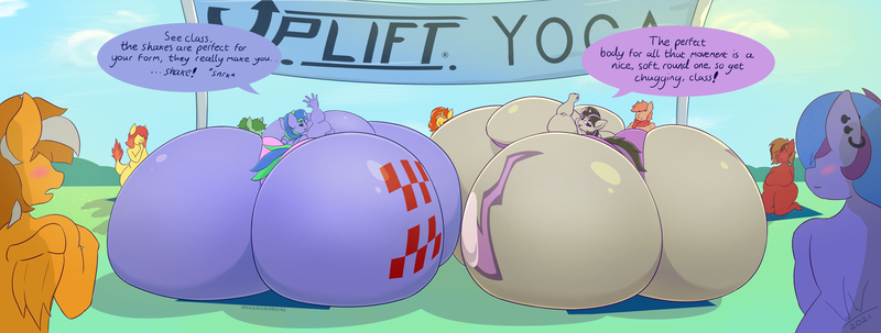 Size: 4884x1848 | Tagged: questionable, artist:woodsideworks, derpibooru import, oc, oc:abilene, oc:blue monday, oc:cherry spirit, oc:cinderheart, oc:felicity stars, oc:flamespitter, oc:magna-save, oc:slam tilt, oc:winterlight, unofficial characters only, anthro, unguligrade anthro, unicorn, series:shakin' it up, ass, belly, big belly, big breasts, breasts, butt, dialogue, duo, duo female, fat, female, huge belly, huge breasts, huge butt, hyper, hyper belly, hyper butt, image, impossibly large belly, impossibly large breasts, impossibly large butt, large butt, magslicity, milkshake, morbidly obese, obese, outdoors, png, the ass was fat, uplift yoga