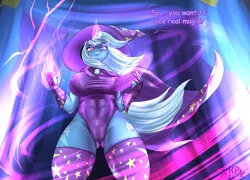 Size: 4500x3245 | Tagged: suggestive, artist:derpx1, derpibooru import, trixie, anthro, unicorn, abs, breasts, cameltoe, cape, clothes, dialogue, erect nipples, female, fingerless gloves, gloves, hat, image, leotard, magic, magic aura, magic show, nipple outline, png, socks, solo, solo female, stockings, thigh highs, trixie's cape, trixie's hat