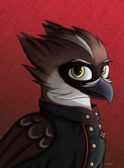 Size: 256x345 | Tagged: safe, derpibooru import, oc, oc:garibald talonuel iii, gryphon, equestria at war mod, beak, bust, clothes, facial hair, griffon oc, image, jpeg, military uniform, portrait, uniform, wings, yellow eyes