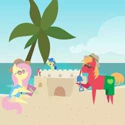 Size: 2160x2160 | Tagged: safe, anonymous artist, derpibooru import, big macintosh, fluttershy, oc, oc:late riser, earth pony, pegasus, pony, series:fm family vacation, series:fm holidays, baby, baby pony, beach, bucket, clothes, colt, female, fluttermac, hat, hoof hold, image, male, mare, offspring, one-piece swimsuit, palm tree, parent:big macintosh, parent:fluttershy, parents:fluttermac, png, pointy ponies, sandcastle, shipping, sitting, spade, stallion, straight, sun hat, sunglasses, swimming trunks, swimsuit, tree