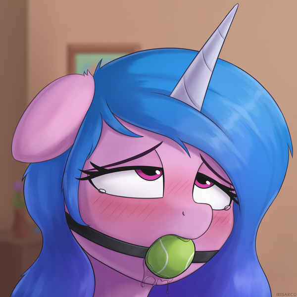Size: 3000x3000 | Tagged: suggestive, artist:irisarco, derpibooru import, izzy moonbow, pony, unicorn, ahegao, ball, ballgag, blushing, crying, drool, ear fluff, eyes rolling back, female, floppy ears, g5, gag, horn, image, indoors, izzy's tennis ball, lidded eyes, messy mane, open mouth, painting, plant, png, solo, solo female, tears of pleasure, teary eyes, tennis ball, that pony sure does love tennis balls, tongue out, vase, watermark
